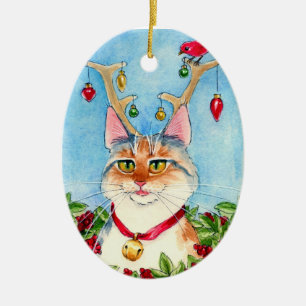 Chat de Noël avec ornement de bois de rennes