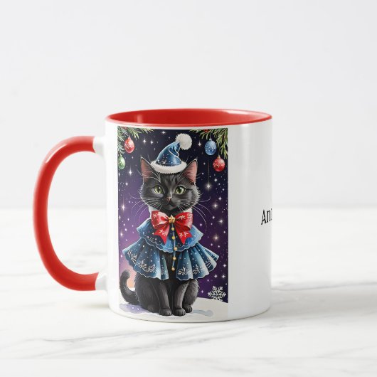 Chat de Noël noir dans Blue Cape Mug (Gauche)