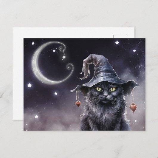 Chat d'Halloween noir portant une carte postale Ca (Devant / Derrière)