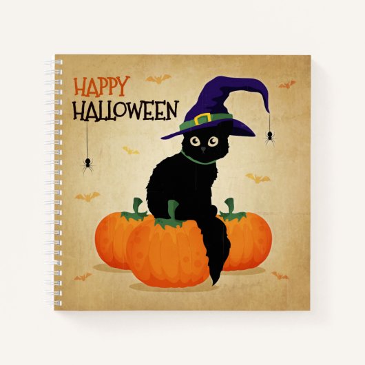 Chat d'Halloween vintage et Citrouilles | Carnet (Devant)