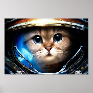 Chat drôle en affiche de casque d'espace