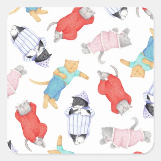 CHAT EN PYJAMA Autocollants Carrés Petits (Devant)