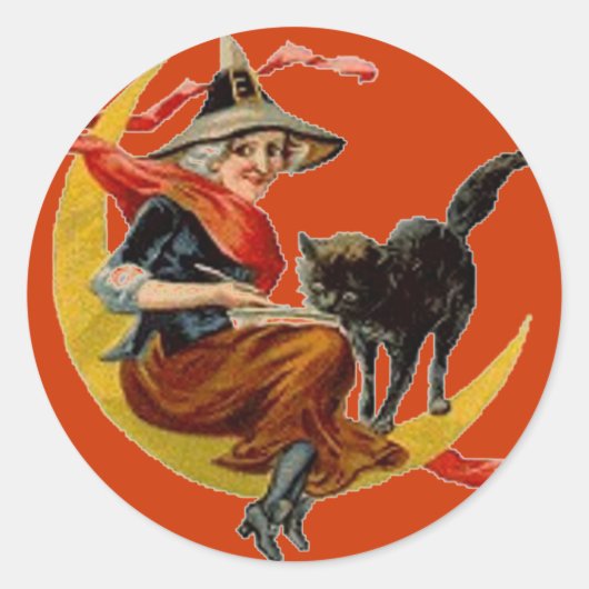 Chat en sorcière et noir sur la Lune - Sticker Hal (Devant)