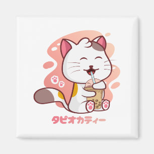 Chat Et Boba Milk Tea Anime Kawaii Magnet Carré
