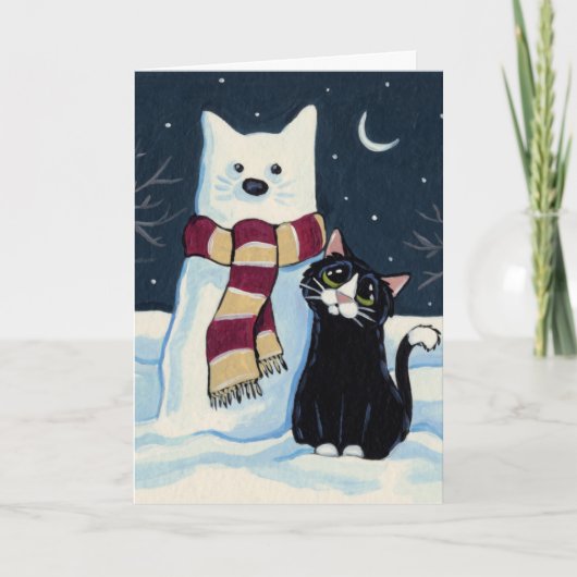 Chat et Chat de neige la nuit Carte de Noël (Devant)
