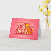 Chat et chien. Carte de vœux avec animaux de compa (Fleur jaune)