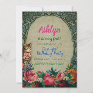 Chat et fleurs Invitation Vintage