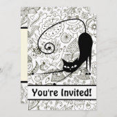 Chat et jardin noir et blanc Invitation d'annivers (Devant / Derrière)