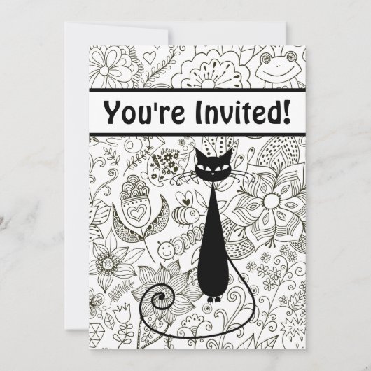 Chat et jardin noir et blanc Invitation d'annivers (Devant)
