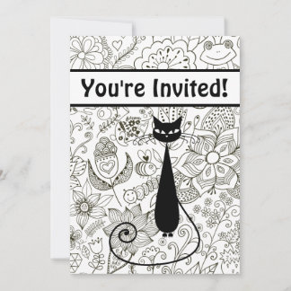 Chat et jardin noir et blanc Invitation d'annivers