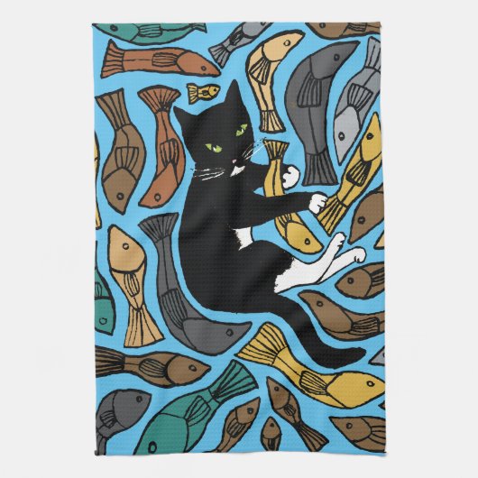 Chat et poisson saluant serviette de thé inhabitue (Vertical)