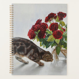 Chat et roses rouges – Impression réaliste d'une p