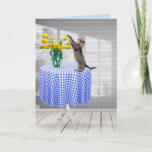 Chat et Tulipe jaune d'anniversaire sur carte de t (Devant)