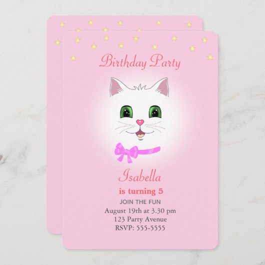 Chat & Étoiles sur Fille Rose Lumière Invitation A (Devant / Derrière)