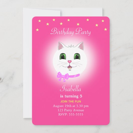 Chat & Étoiles sur la fille rose Invitation d'anni (Devant)