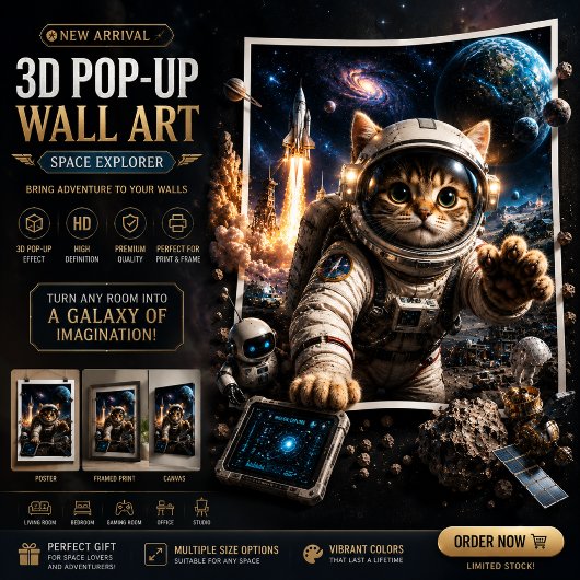 Chat Explorateur Spatial Art Poster Mural 3D Pop-U