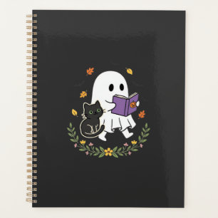 Chat fantôme d'Halloween lisant un livre floral De