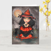 Chat gothique de sorcière de carte de Halloween (Fleur jaune)