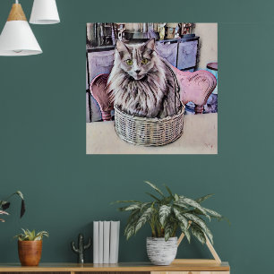 Chat Gris À Oeil Vert En Panier Poster