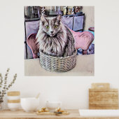 Chat Gris À Oeil Vert En Panier Poster (Cuisine)