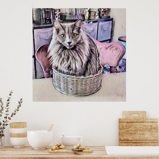 Chat Gris À Oeil Vert En Panier Poster (Cuisine)