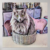 Chat Gris À Oeil Vert En Panier Poster (Devant)