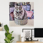 Chat Gris À Oeil Vert En Panier Poster (Bureau à domicile)