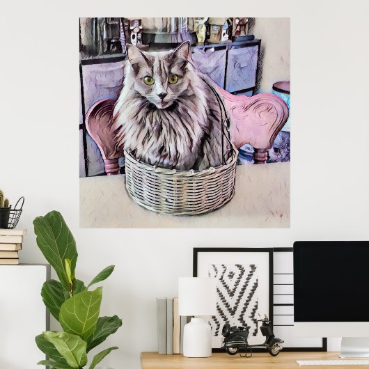 Chat Gris À Oeil Vert En Panier Poster (Bureau à domicile)