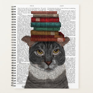 Chat gris avec des livres sur la tête