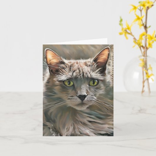 Chat Gris Vert - Carte de voeux Pliée Vierge (Fleur jaune)