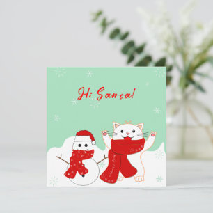 Chat Heureux Avec Bonhomme de Neige Carte Plate