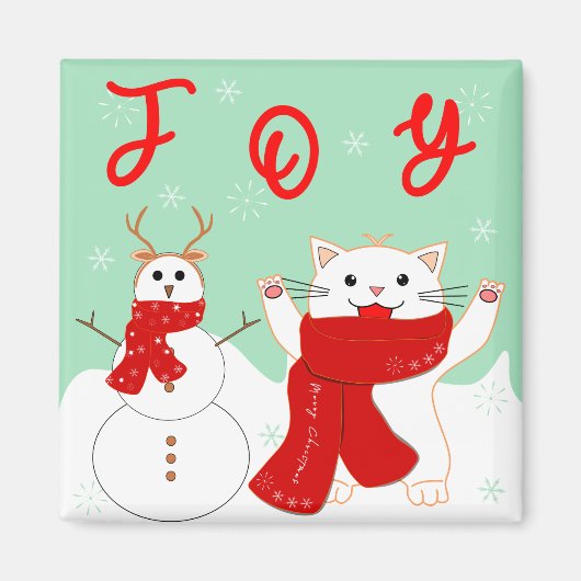 Chat heureux avec bonhomme de neige | Magnet de No (Devant)