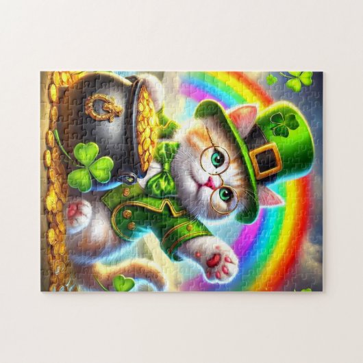 Chat irlandais avec Pot or et Puzzle arc-en-ciel (Horizontal)