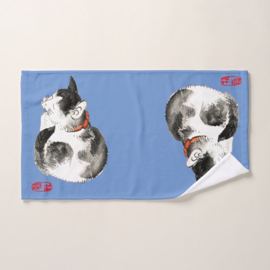 Chat japonais couché noir et blanc (Serviette à main)