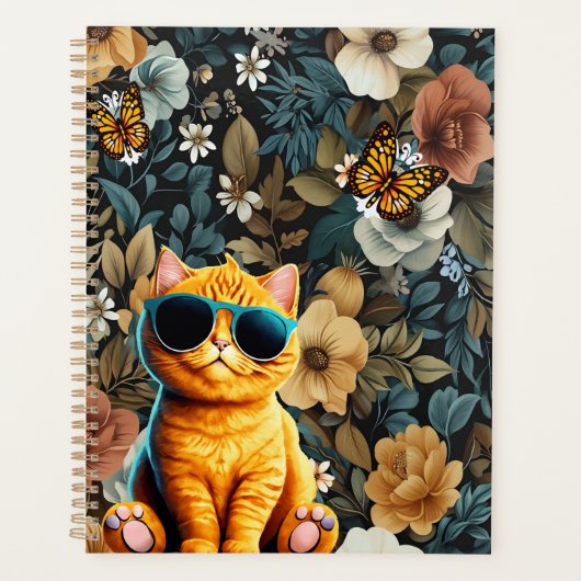 Chat jaune et papillons sur Arrière - plan floral (Devant)