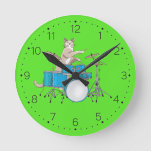 Chat jouant les tambours - horloge murale avec des