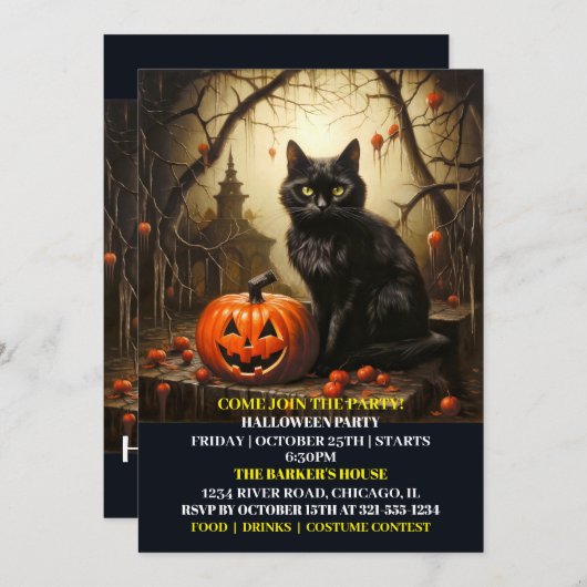 Chat Kitty noir Halloween Invitations Bash (Devant / Derrière)