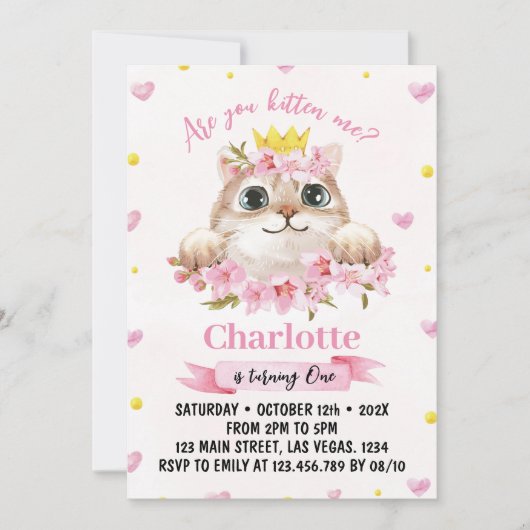 Chat Kitty Rose Invitation Anniversaire (Devant)