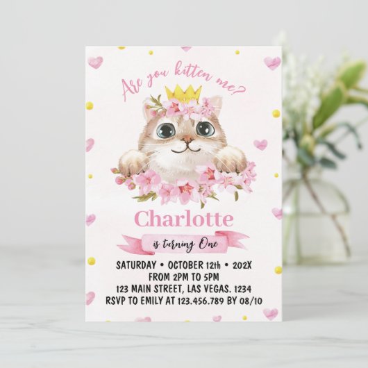 Chat Kitty Rose Invitation Anniversaire (Debout devant)
