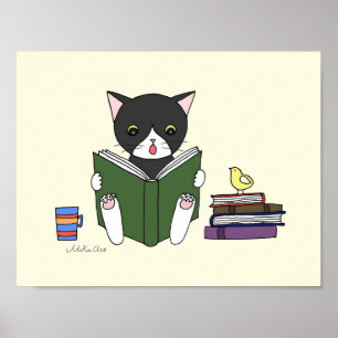Chat lisant un livre Poster Enfants Littératie Nur