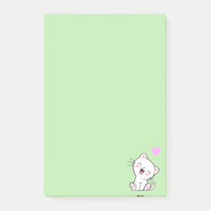 Chat mignon et cœur sur des Post-it vert clair