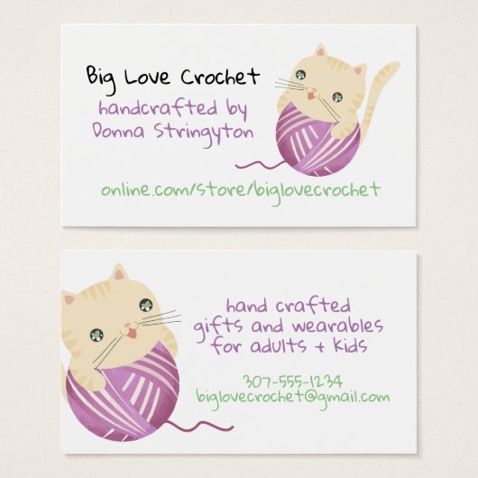 Chat mignon tricot crochet homespun carte de visit (Devant & derrière)