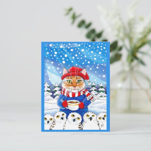 Chat mignonne avec Chouette neigeuse Carte postale (Debout devant)