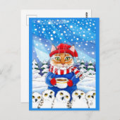 Chat mignonne avec Chouette neigeuse Carte postale (Devant / Derrière)