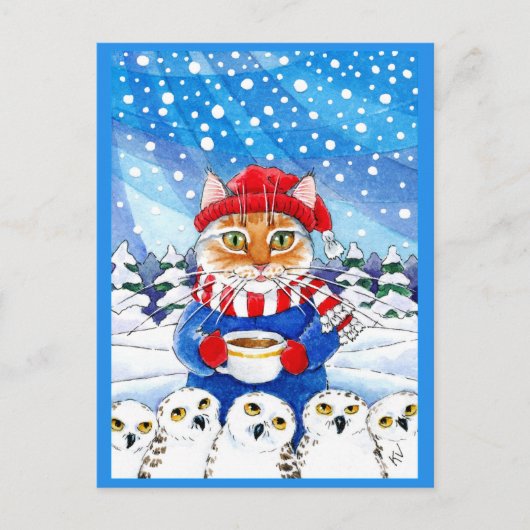 Chat mignonne avec Chouette neigeuse Carte postale (Devant)