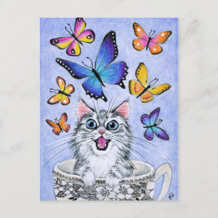 Chat mignonne avec papillons, carte postale de la 