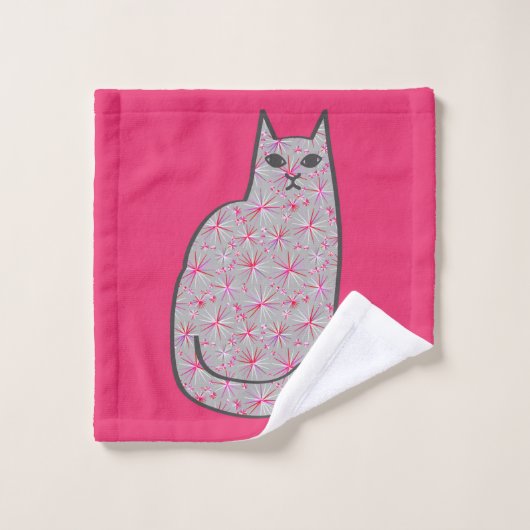 Chat moderne du milieu du siècle, gris et Fuchsia  (Gant de toilette)