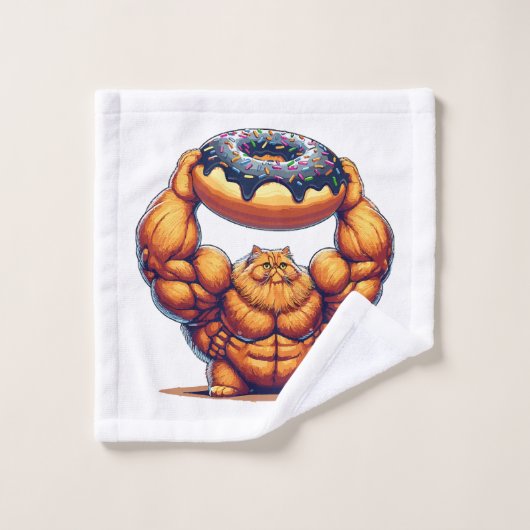 Chat Musclé Soulevant un Beignet (Gant de toilette)