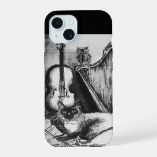 CHAT MUSICAL, CHOUETTE, VIOLON, HARPE Noir Blanc G