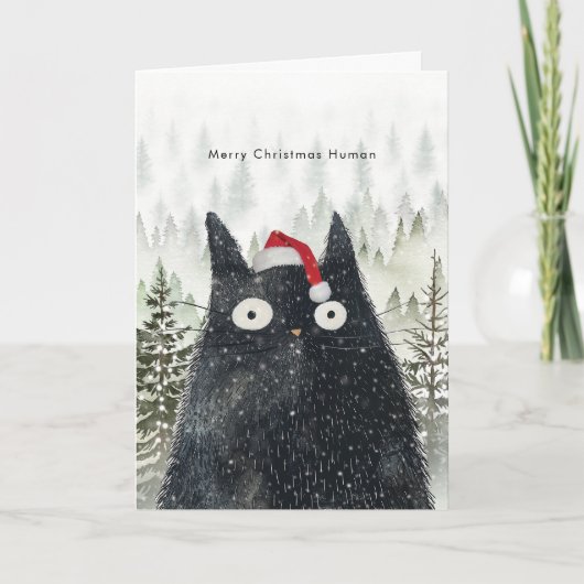 chat noir à santa chapeau drôle carte de Noël (Devant)